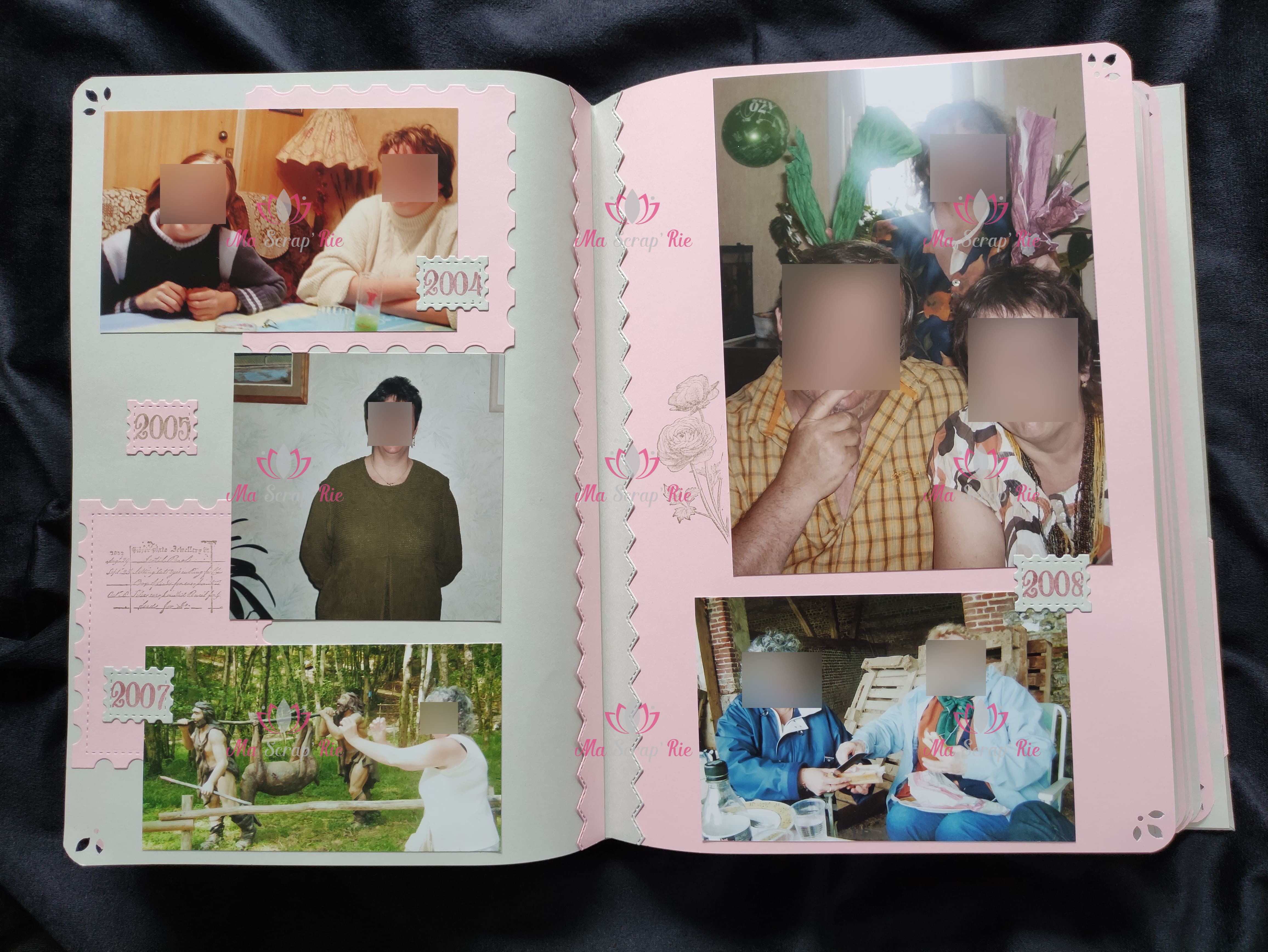 album, photos, souvenirs, rose, gris, dentelle, perles, tampon, découpes, timbres